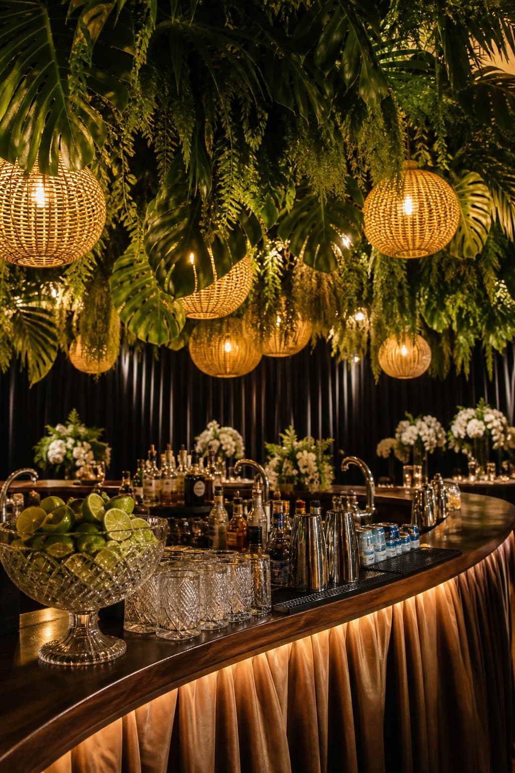 Bar de evento com folhagem suspensa e iluminação quente
