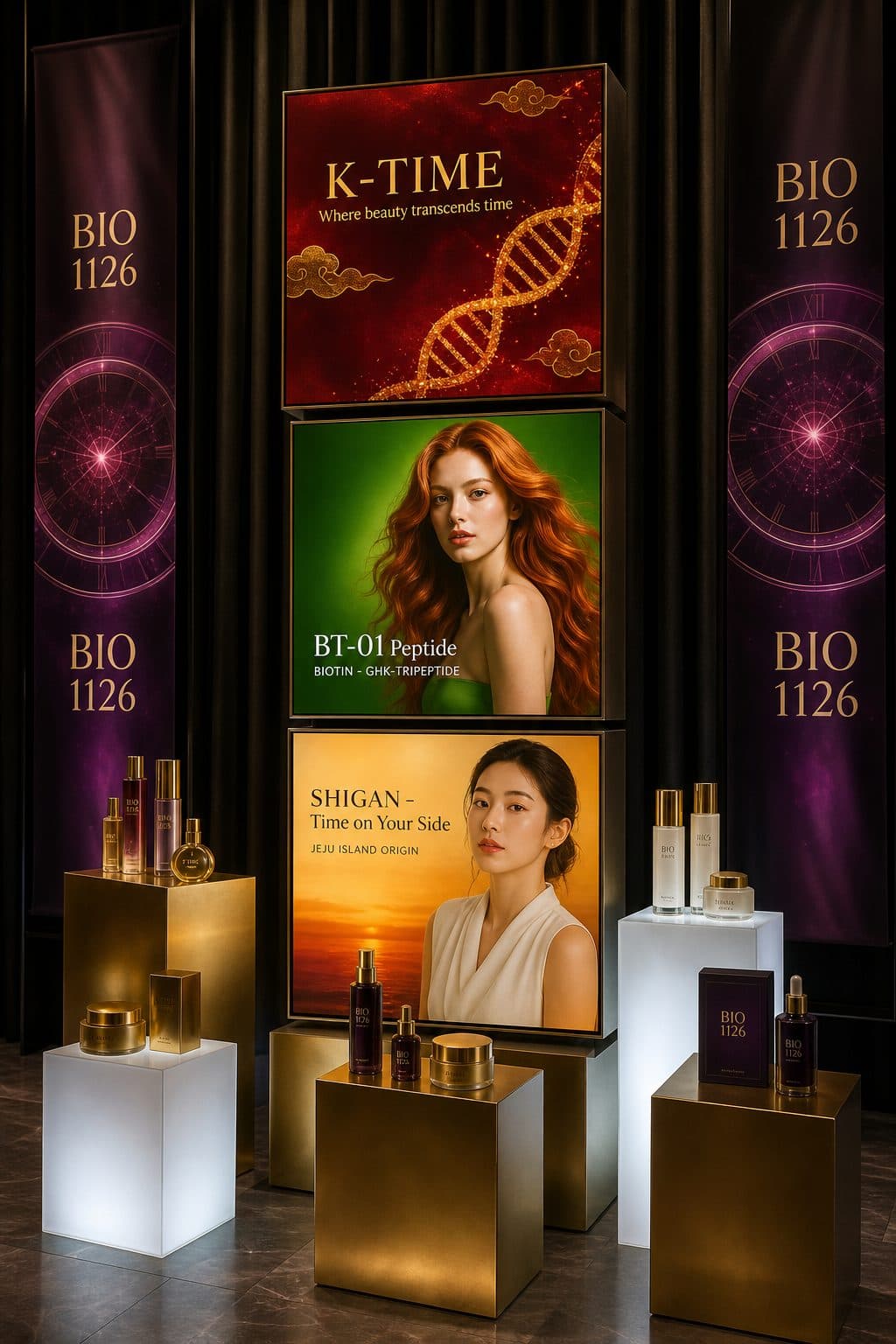 Display de lançamento de marca com painéis iluminados