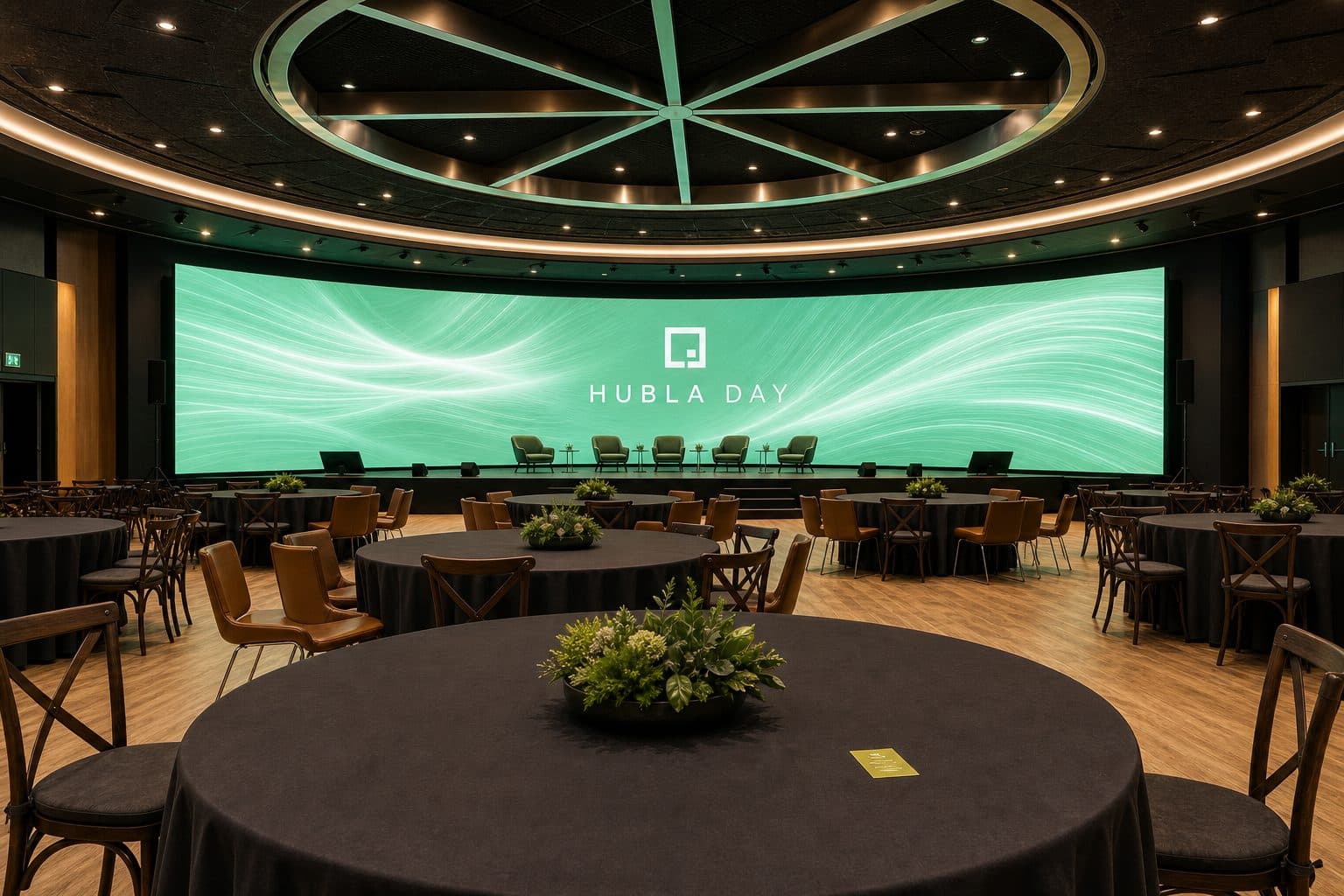 Convenção corporativa HUBLA DAY com palco e tela de LED